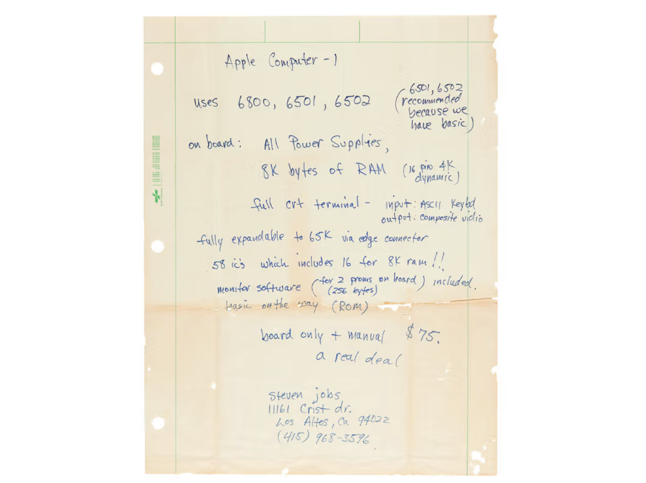 Рукописную рекламу Apple-1 продали за $175 759